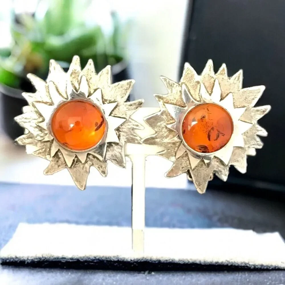 Vintage 1970s Clip Earrings Sterling Silver 925 Natural Amber Sunburst - 1F